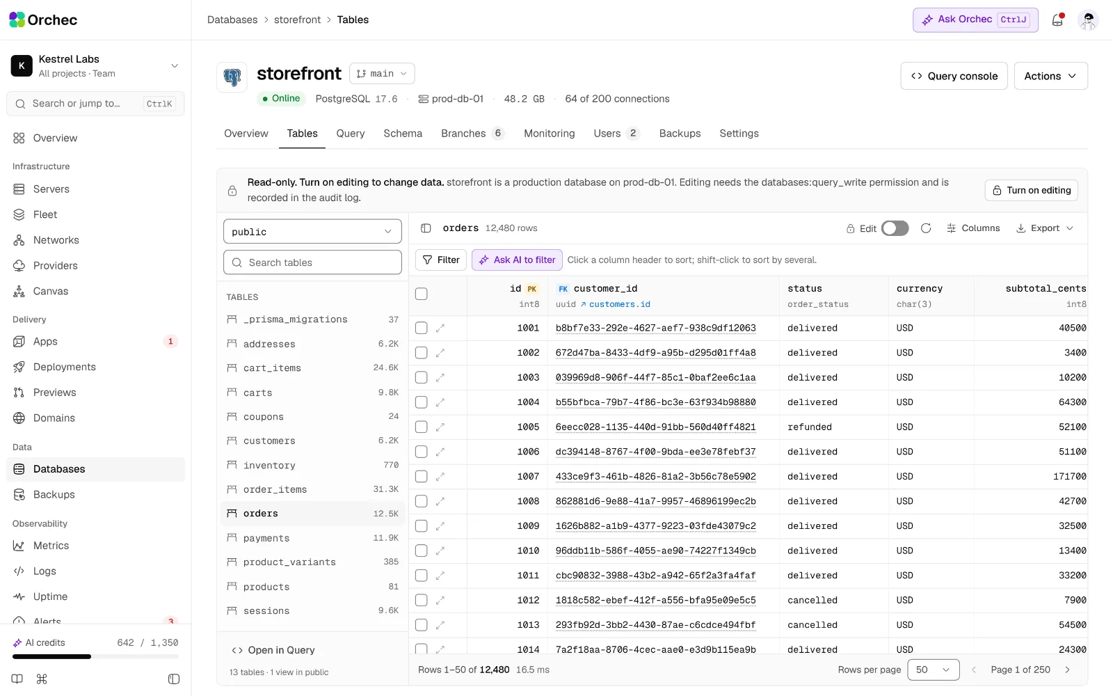 The data grid for the orders table in a PostgreSQL database.