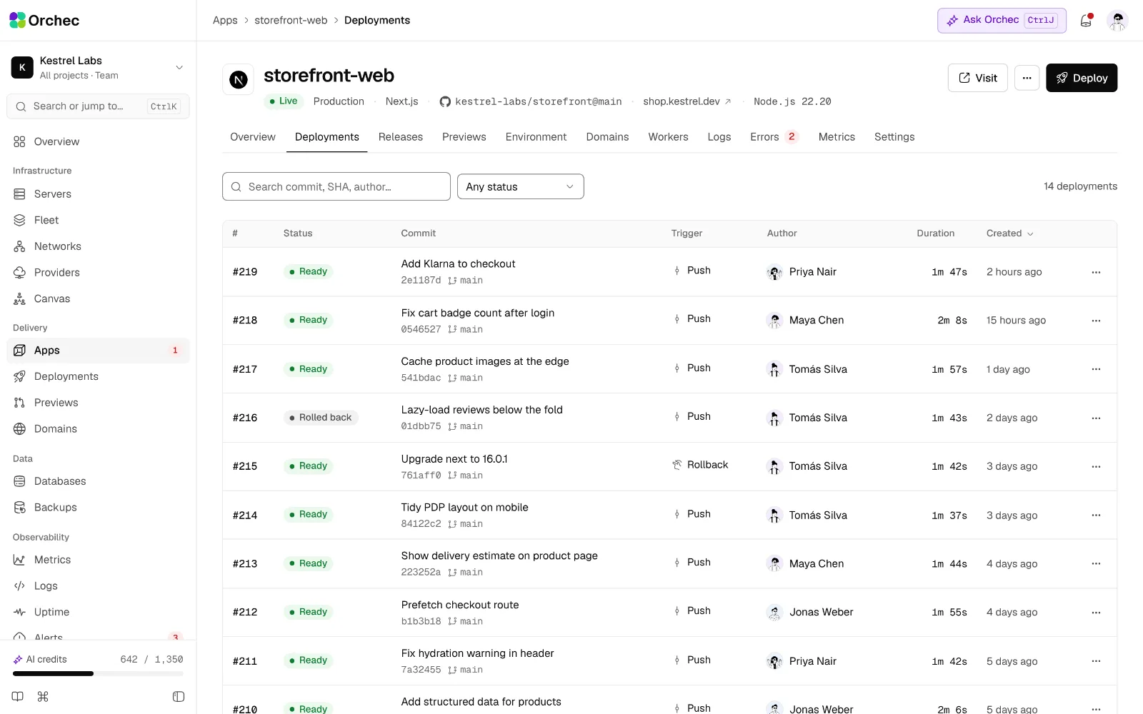 Deployment history for the storefront app, with status, commit, duration and rollback for each release.