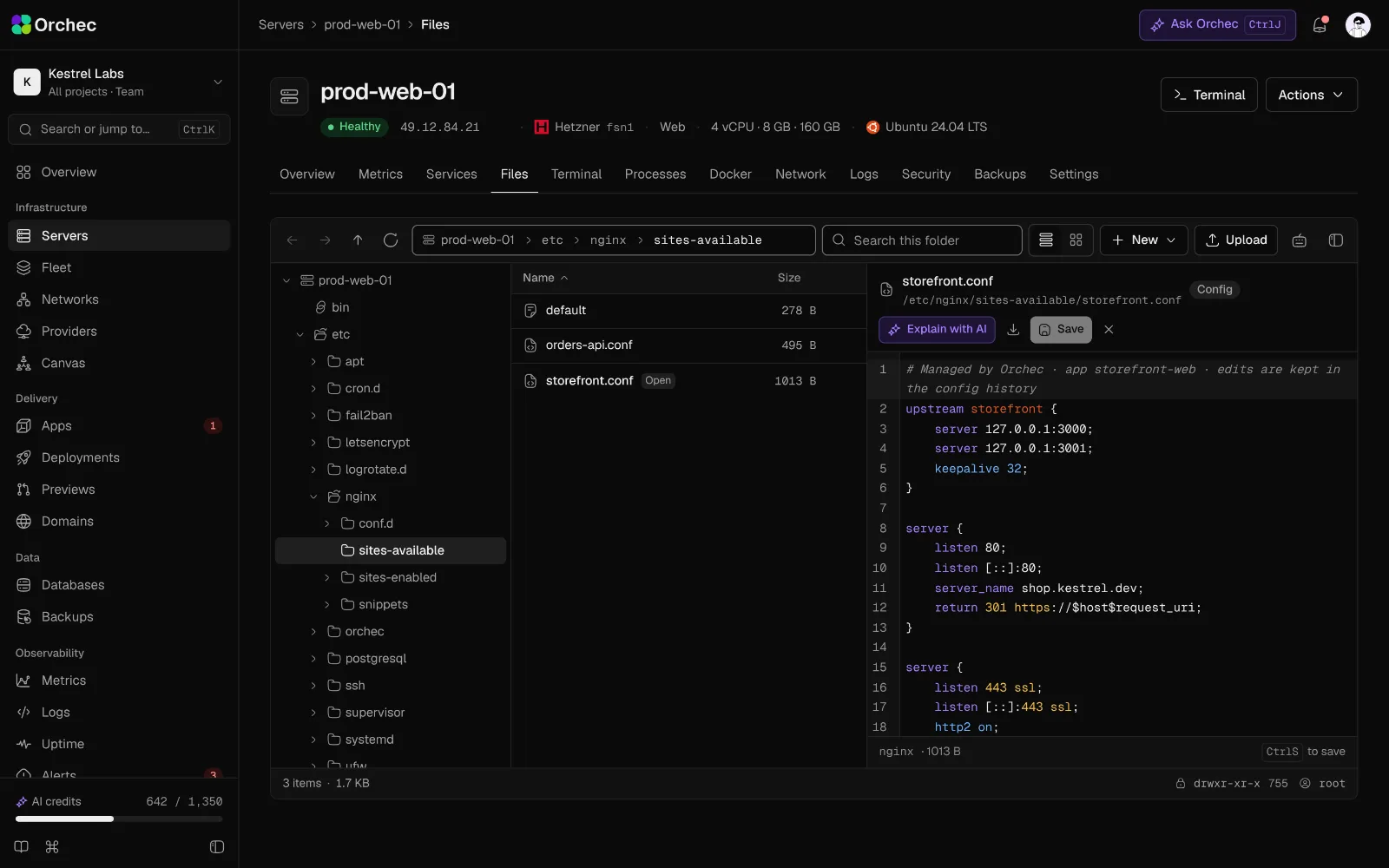 The file manager with an Nginx site config open in the editor.