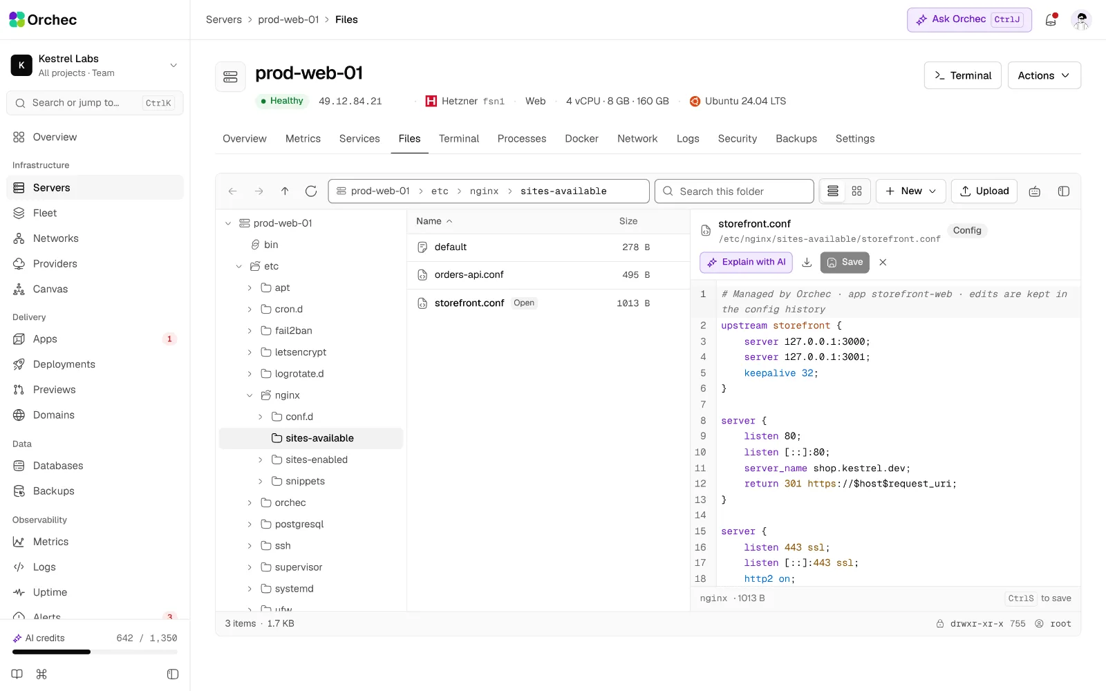 The file manager with an Nginx site config open in the editor.